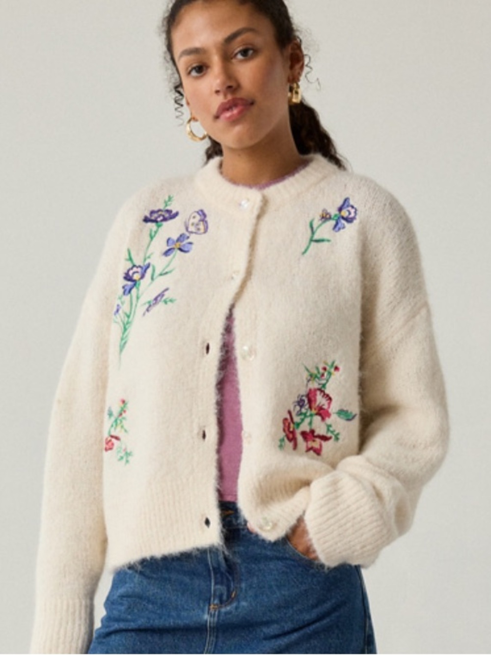 Urban Outfitters BDG Becca Embroidered Brushed Knit Oversized Cardigan NWT